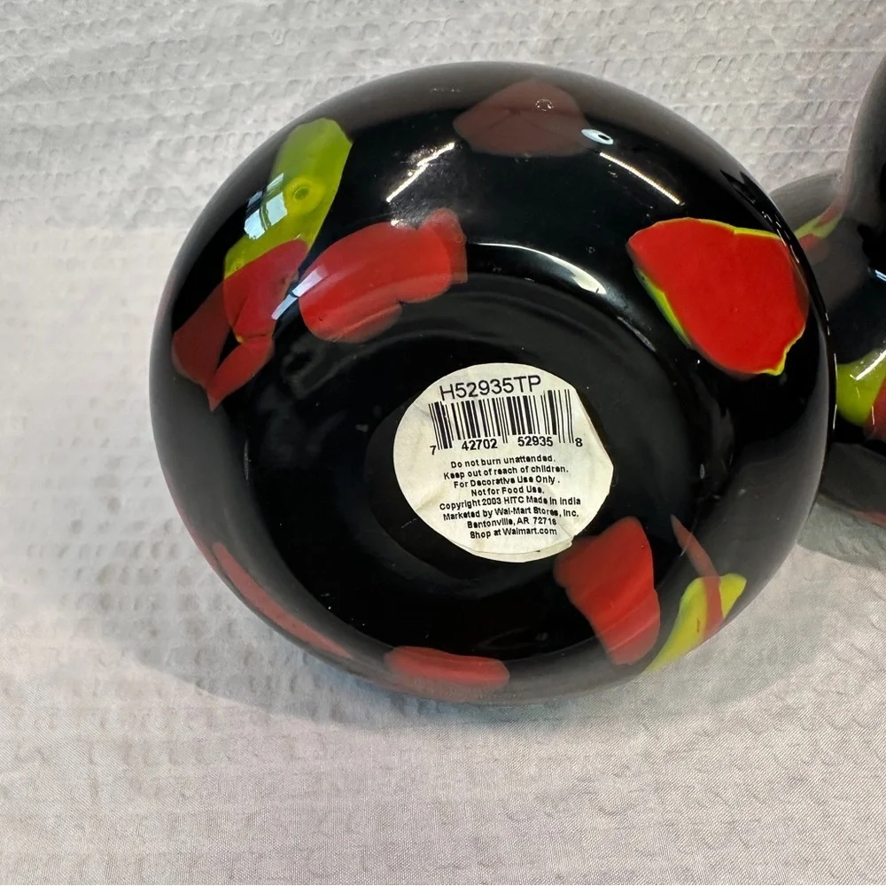 Stunning PAIR Vtg Murano Style Art Glass Vases Black Gourd Shape Red Green MCM